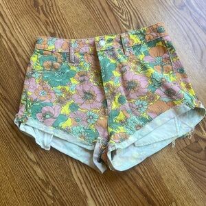 NWOTWild Fable Pink Yellow Floral Highest Rise Cheeky Denim Shorts Woman…